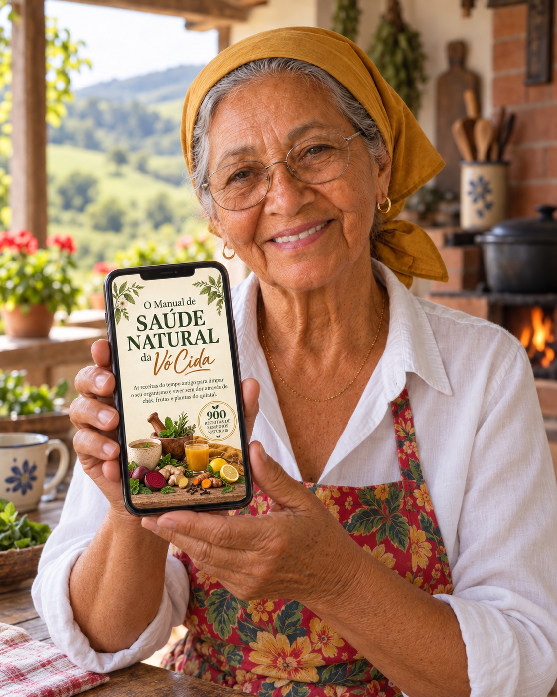 Vó Cida apresenta o Manual de Saúde Natural na tela do celular.
